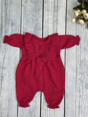 Купить оптом 337-Ф. Комбинезон с бантом для девочки из муслина, хлопок 100%, размеры 56,62,68, фуксия в Иркутске