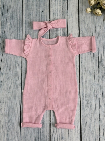 Купить оптом 336-Р. Комбинезон с повязкой для девочки из муслина, хлопок 100%, размеры 56,62,68, розовый в Иркутске